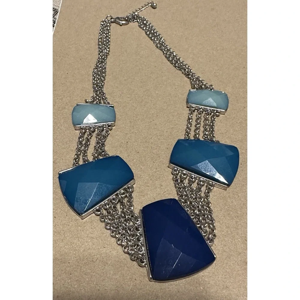 Silver Tone Multi-Chain Statement Necklace with Blue and Green Geometric Accents